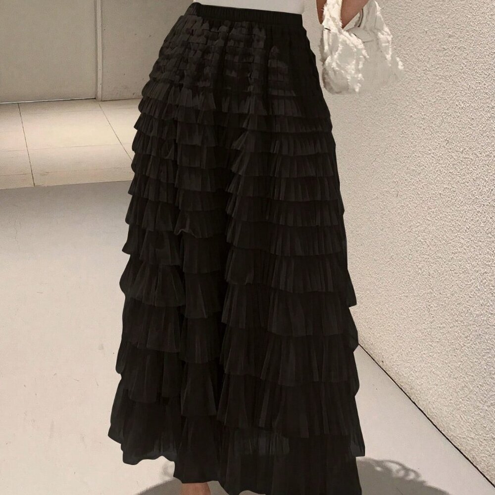 Black Casual Women's Layer Ruffle Hem Skirt